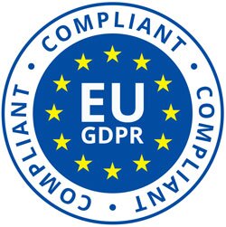 A blue and white circular badge with yellow stars. In the center, it reads “EU GDPR.” Perfect for a sales enablement software platform, the outer ring features “COMPLIANT” three times. The design resembles the EU flag.