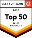 G2 badge displaying Best Software 2025 Top 50 Sales Products, featuring a bold black, yellow, and orange border at the bottom—perfect for highlighting top revenue enablement software.