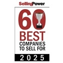 Selling Power badge reading 60 Best Companies to Sell For 2025, featuring a trophy icon above bold red and black text on a white background—ideal for companies leading in revenue enablement software.