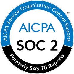 A circular badge with a blue outer ring reads AICPA Service Organization Control Reports and Formerly SAS 70 Reports, with AICPA and SOC 2 in bold at the center—ideal for showcasing your Sales Enablement Software Platform’s compliance.