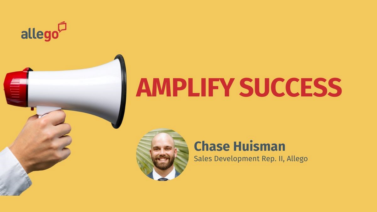 An image with a megaphone and the text AMPLIFY SUCCESS in red. A circular photo of a person in a suit, Chase Huisman, Sales Development Rep. II, Allego, showcases strategies for sales. The Allego logo is in the top left corner.