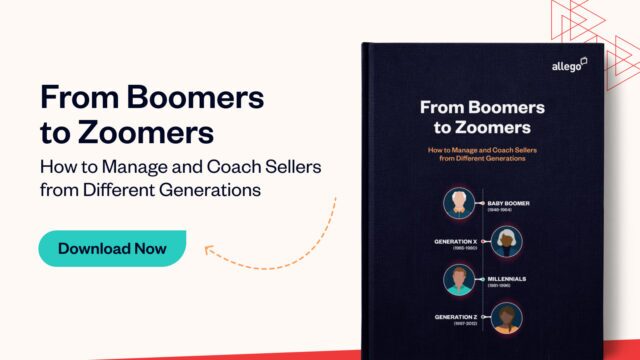 Book cover and a promotional tagline about managing and coaching sellers from different generations, titled From Boomers to Zoomers. Explore sales enablement trends across eras. A teal Download Now button is on the left.