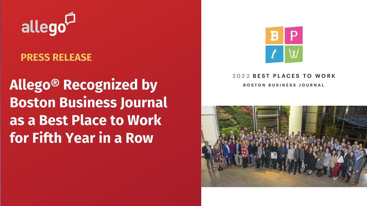 Allego® Recognized by Boston Business Journal as a Best Place to Work for Fifth Year In a Row