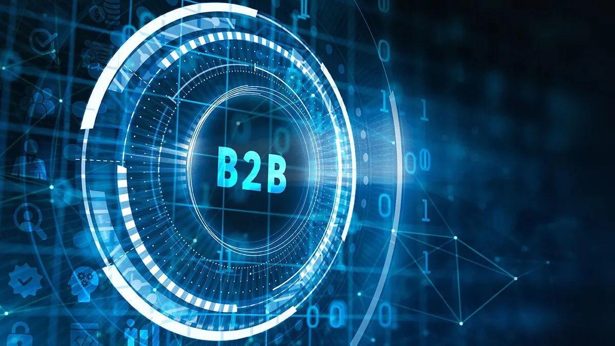 A digital graphic featuring B2B at its core, encircled by a glowing interface that represents cutting-edge sales enablement. Binary code and abstract network lines weave through the background, creating a futuristic and technological ambiance.
